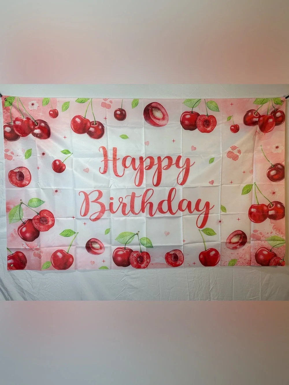 Cute Red Cherry Happy Birthday Backdrop Banner 6x3.6Ft